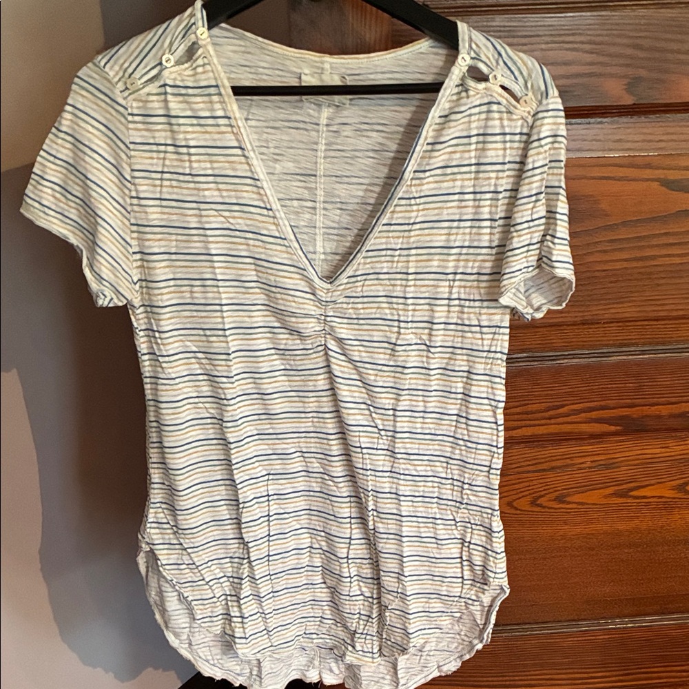 Anthropologie Short Sleeve V-Neck Stripe Tee in White, Blue, and Yellow